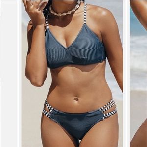 Cupshe womens navy ribbed and strappy self tie low waist bikini set